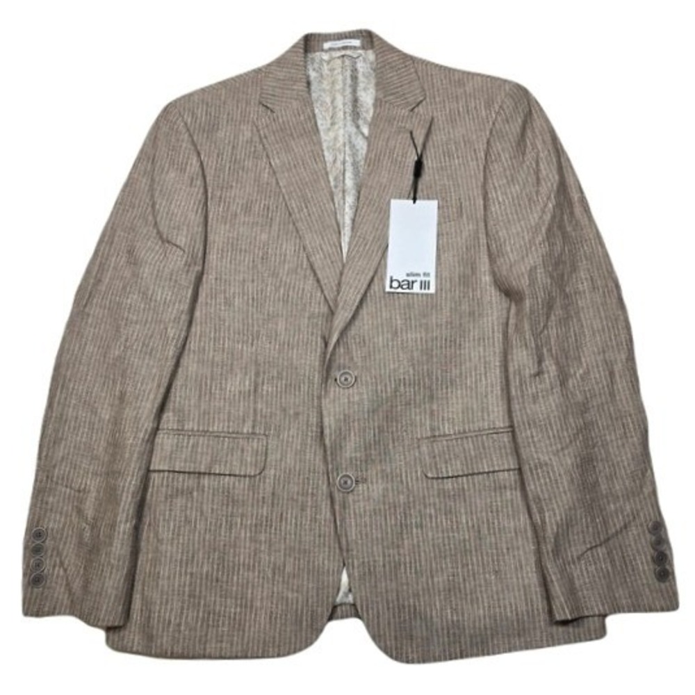 Bar III Slim Fit Linen Sport Coat Mens 38S Tan Brown‎ Pinstripe Blazer $360 NEW